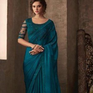 Andaaz Fashion | Teal Blue Silk Saree With Banglori Silk Blouse